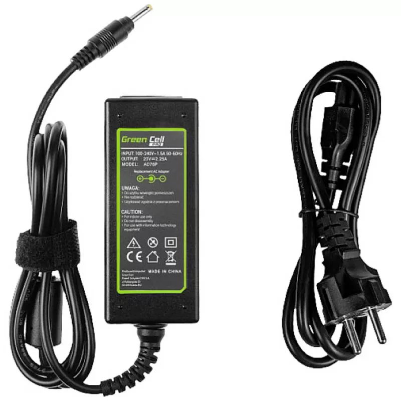 Strāvas adapteris Green Cell AD76P 45W Lenovo klēpjdatoriem, 20V 2.25A, maiņstrāvas–līdzstrāvas, 100–240V ieeja, melns
