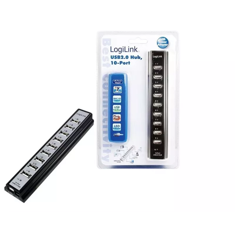 LogiLink UA0096 USB 2.0 centrmezgls 10 porti 480 Mbit/s Melns