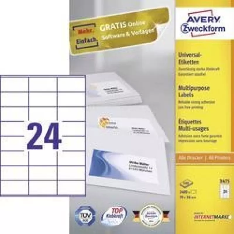 Avery daudzfunkciju etiķetes lāzerprinterim, kopētājam, tintes printerim 24 loksnē 70x36mm