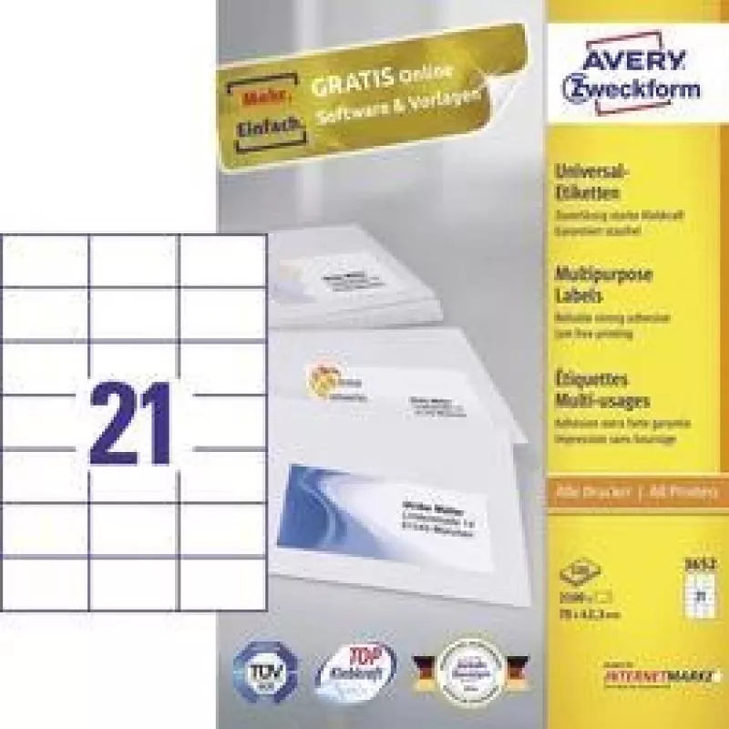 Avery Līmes uzlīmes - Baltas - 42,3 x 70 mm - 2100 uzlīmes (100 lapas x 21) (3652)