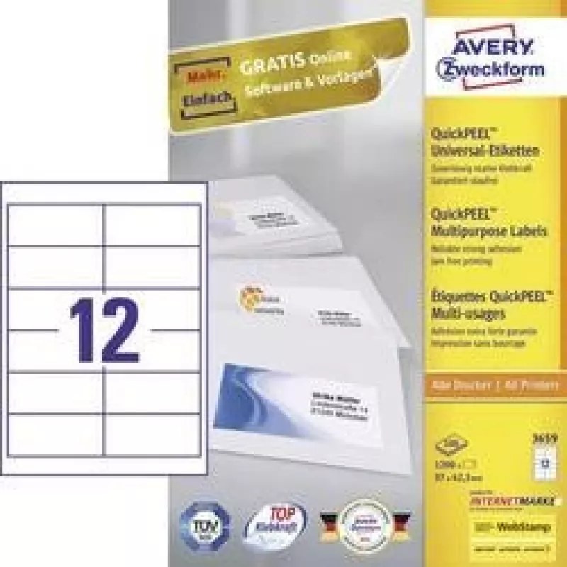 Avery 3659 pašlīmējošās etiķetes, taisnstūra, pastāvīgas, baltas, 1200 gab.