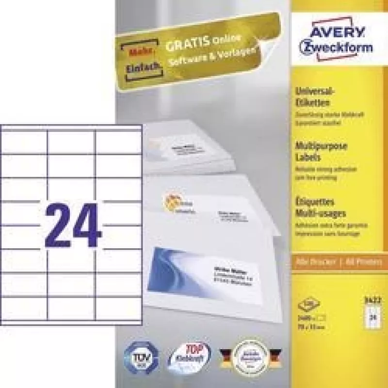 Universālās uzlīmes 70x35mm InkjetLāzerKopija A4 100 loksnes 2400 gab. Baltas