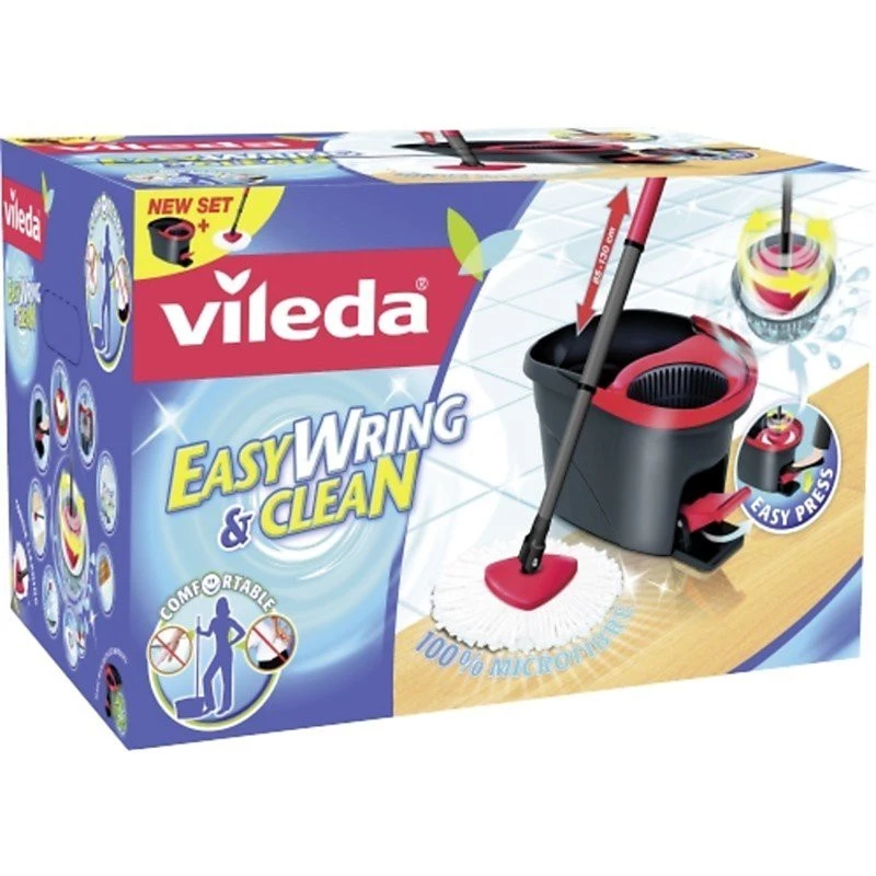 Mops VILEDA EasyWring & Clean Turbo, sarkans technopolimēra spainis, noņemama mazgājama mikrošķiedras galva, cietām grīdām