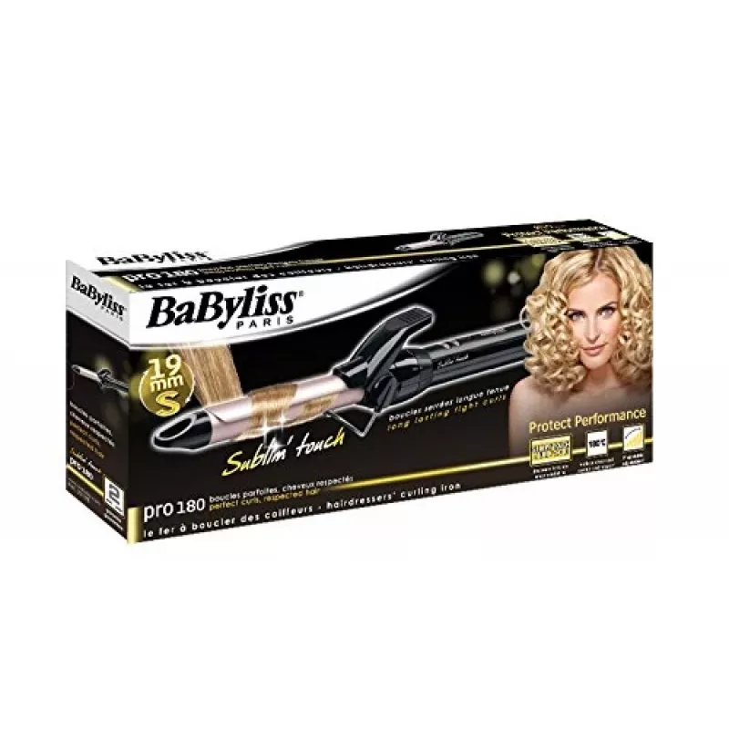 Lokšķēres BABYLISS Pro 180 19mm — 19 mm cilindrs, 150–180°C, 10 temperatūras līmeņi, grozāms vads, rozā/melna