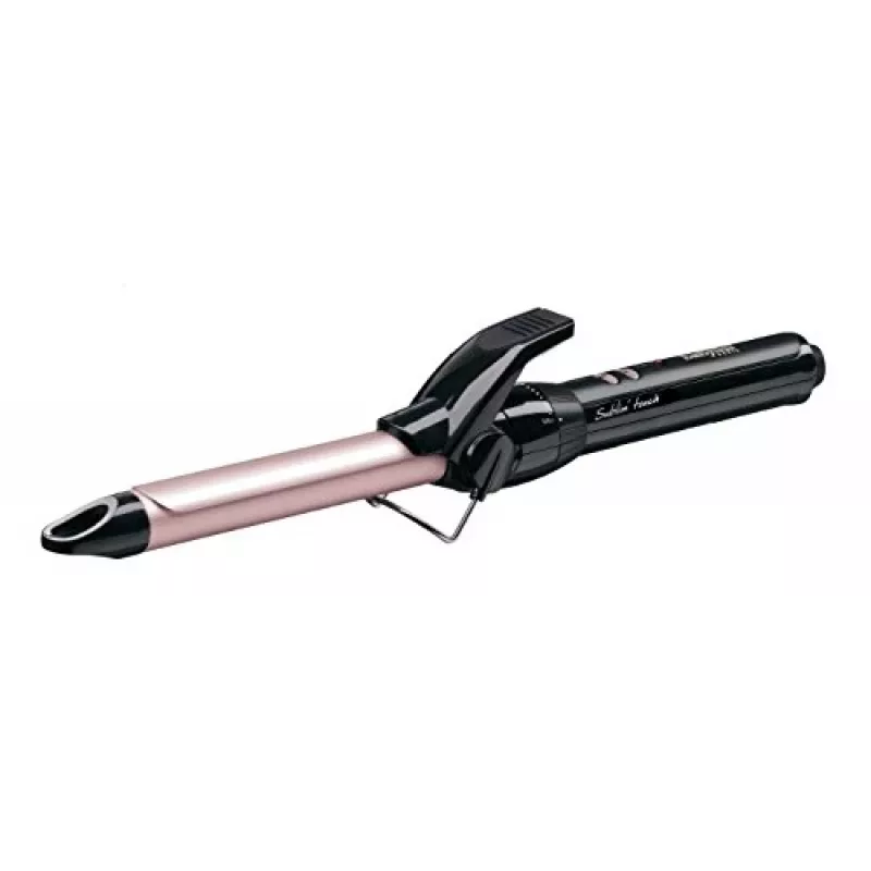 Lokšķēres BABYLISS Pro 180 19mm — 19 mm cilindrs, 150–180°C, 10 temperatūras līmeņi, grozāms vads, rozā/melna