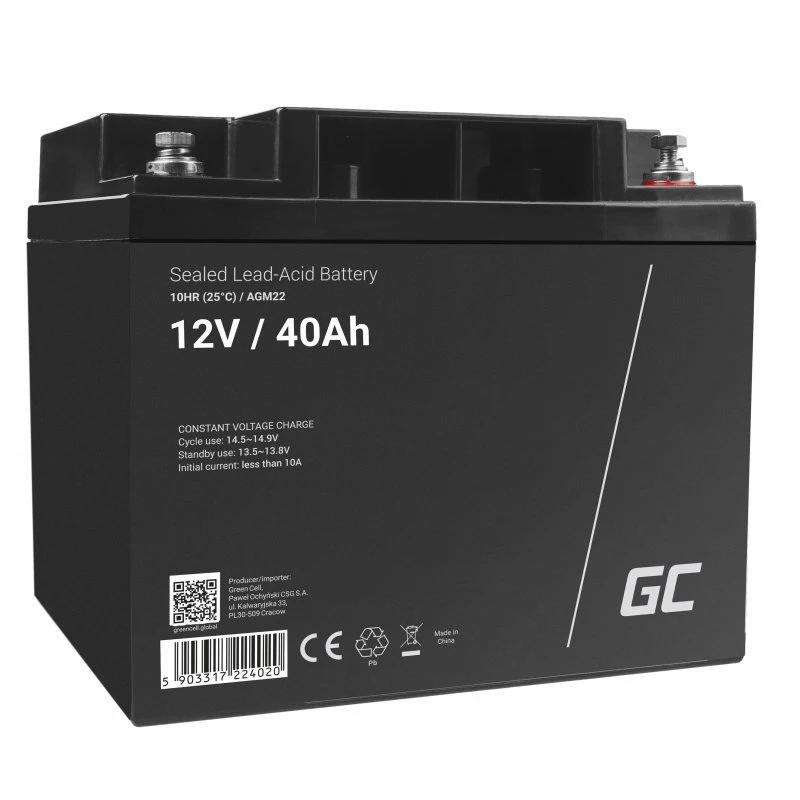 Green Cell AGM22 UPS akumulators, AGM hermētisks svina-skābes (VRLA), 12 V 40 Ah, 170 x 165 mm, 12,1 kg, melns