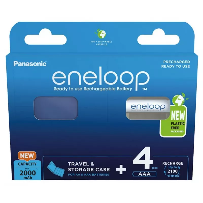PANASONIC ENELOOP AA 2000 mAh uzlādējamās baterijas, 4 gab. + futrālis (BK-3MCDE/4CP+CASE)