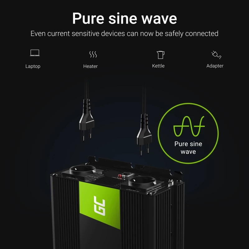 Autoinvertors Green Cell INV21 6000 W, 24V līdzstrāva uz maiņstrāvu, 230V izeja, 2x USB PD, aktīvā dzesēšana, noņemami līdzstrāvas savienotāji, melns
