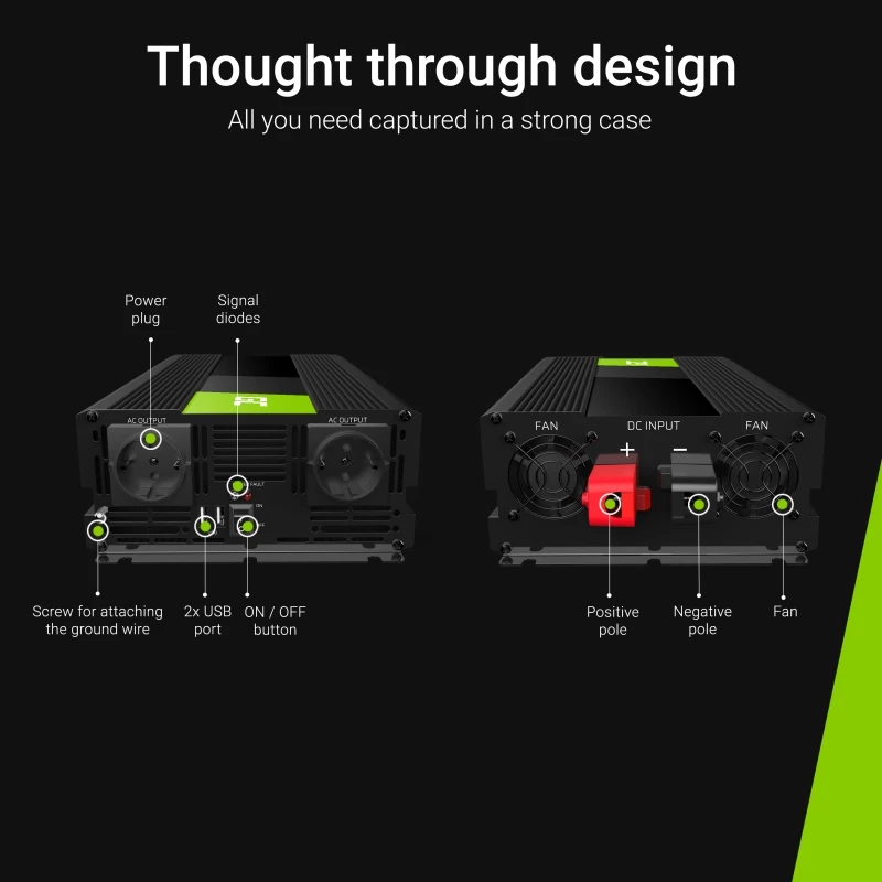 Autoinvertors Green Cell INV21 6000 W, 24V līdzstrāva uz maiņstrāvu, 230V izeja, 2x USB PD, aktīvā dzesēšana, noņemami līdzstrāvas savienotāji, melns