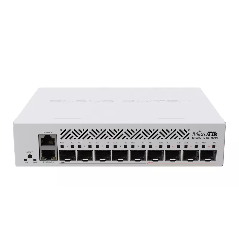 MikroTik CRS310-1G-5S-4S+IN pārvaldāms L3 tīkla slēdzis — 1U, 1x Gigabit, 5x SFP, 4x SFP+, 10G, DC/PoE 18–57V, 20W max