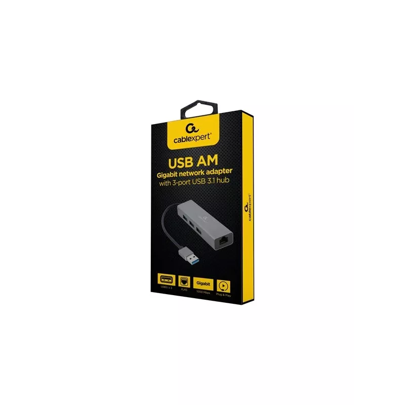 Gembird A-AMU3-LAN-01 USB-A uz Gigabit LAN adapteris ar 3 portu USB 3.0 centrmezglu, melns