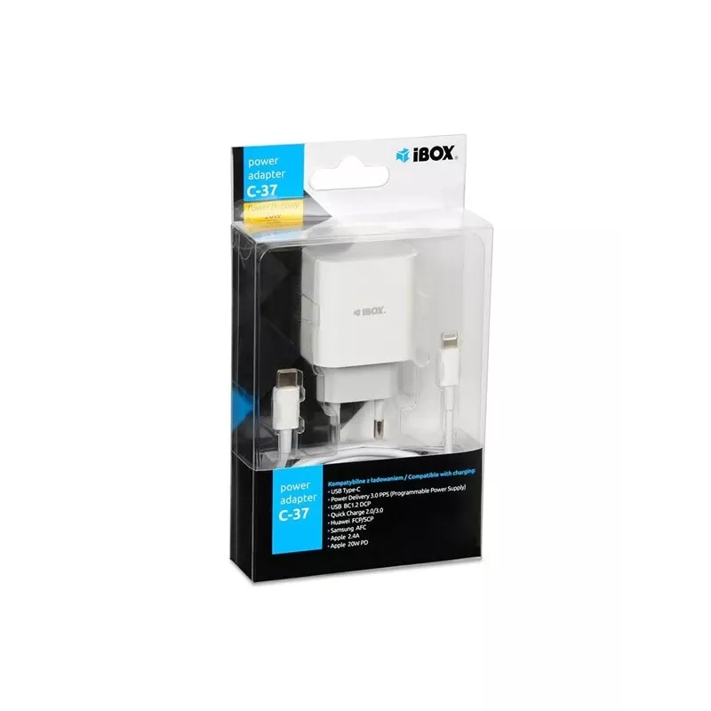 Iekštelpu USB-C ātrais lādētājs IBOX C-37, 20W, USB-C PD 3.0, 3 A izeja, Balts