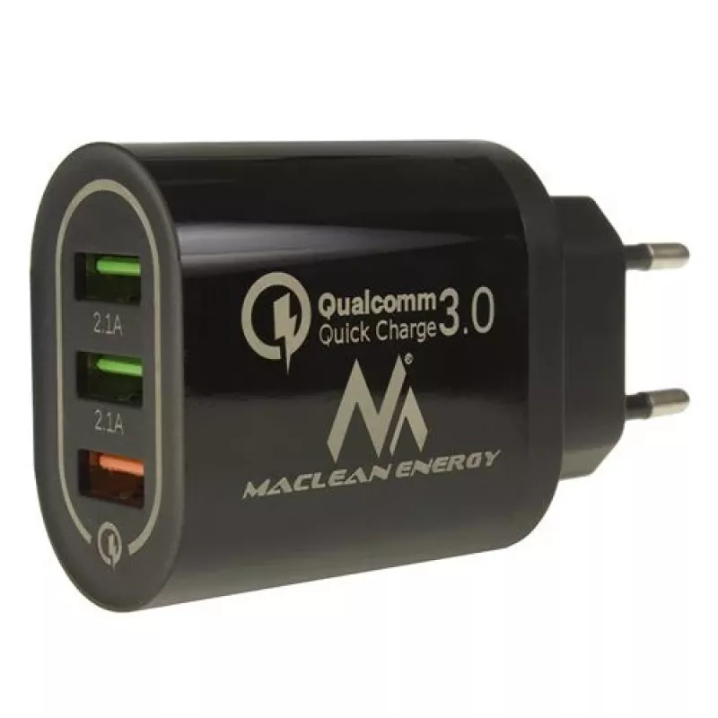 USB sienas lādētājs MACLEAN MCE479B — 3 USB porti, 18W, kompakts