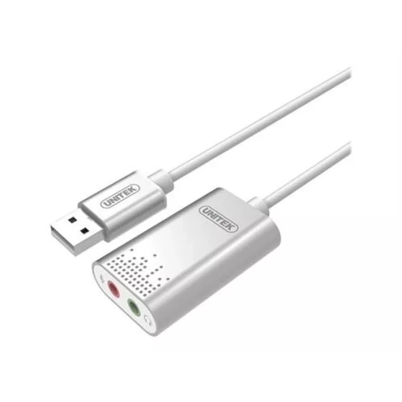 Unitek Y-247A USB stereo skaņas karte, USB 2.0 A tipa uz 2x 3,5 mm minijack, alumīnija, 47 x 28 mm, sudraba