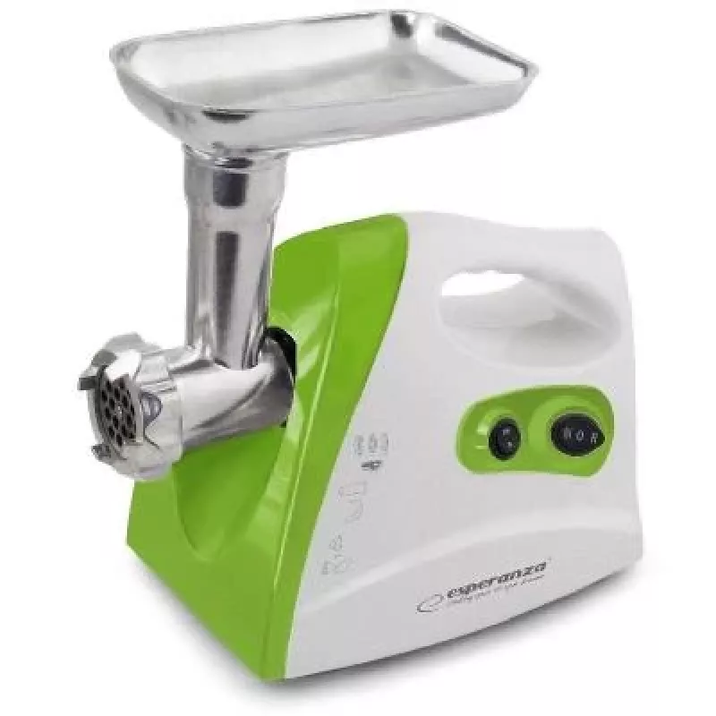 Gaļas maļamā mašīna ESPERANZA EKM012G — 600 W, nerūsējošā tērauda asmens, desu pildījuma uzgalis, kebbe veidotājs, reverss, neslīdošas kājiņas, balta/zaļa