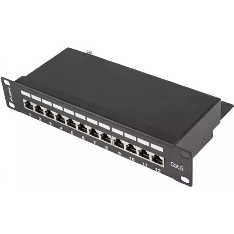 Patch panel LANBERG PPF6-9012-B — 12 porti RJ45, metāls, melns, 1U (215×44.5×130 mm)