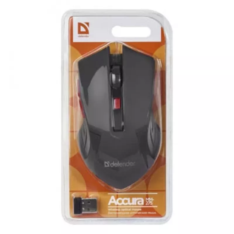 Bezvadu optiskā pele DEFENDER ACCURA MM-275 RF, abpusēja, 1600 DPI, USB RF uztvērējs, 5–6 pogas, melna/sarkana