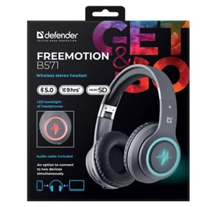Austiņas Defender FREEMOTION B571 LED bezvadu binaurālas, 4 cm draiveri, 6–8 h akumulators, slēgta akustika, 20–20000 Hz