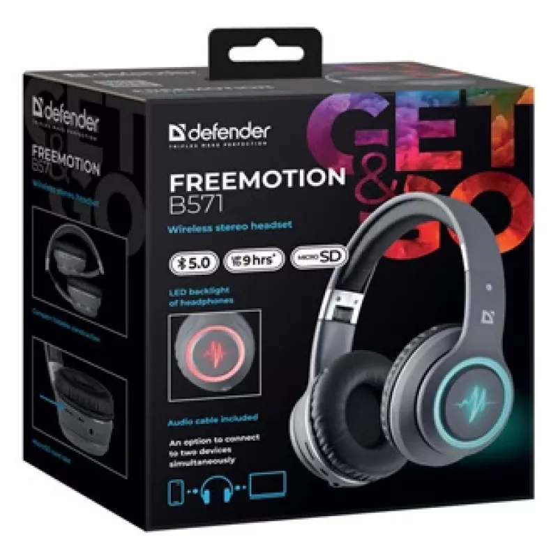 Austiņas Defender FREEMOTION B571 LED bezvadu binaurālas, 4 cm draiveri, 6–8 h akumulators, slēgta akustika, 20–20000 Hz