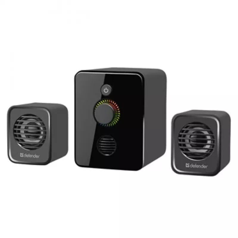 Defender V12 65212 2.1 datora skaļruņu sistēma, 11 W, 5 W basu skaļrunis, USB barošana, LED apgaismojums, melna, 115 x 130 x 223 mm