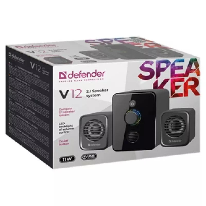 Defender V12 65212 2.1 datora skaļruņu sistēma, 11 W, 5 W basu skaļrunis, USB barošana, LED apgaismojums, melna, 115 x 130 x 223 mm