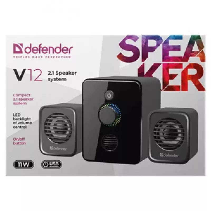 Defender V12 65212 2.1 datora skaļruņu sistēma, 11 W, 5 W basu skaļrunis, USB barošana, LED apgaismojums, melna, 115 x 130 x 223 mm