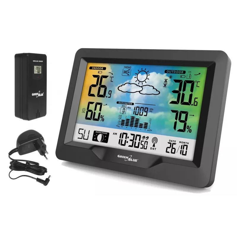 Hidrometra termometrs GreenBlue GB540 — iekštelpu 0–50°C / āra -20–65°C, DCF pulkstenis, āra sensors 60 m, melns