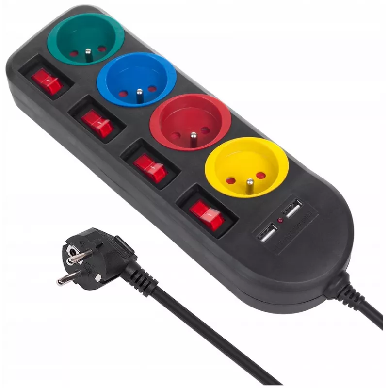 Pagarinātājs MACLEAN MCE229B — 4 AC kontaktligzdas, 2× USB-A, 1,5 m kabelis, 10 A, F tips, iekštelpām, melns