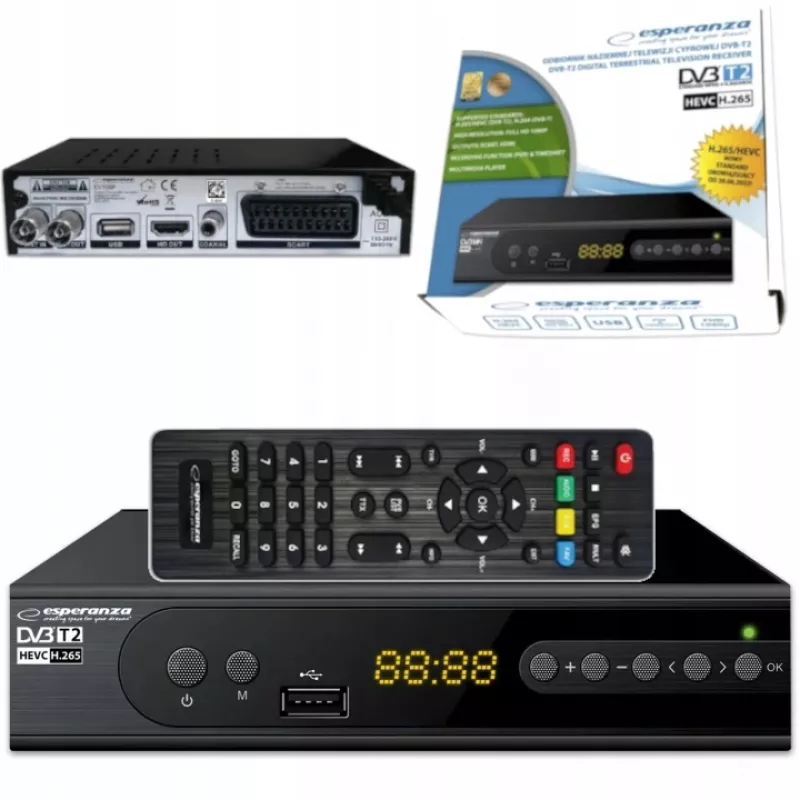 Set-top kaste ESPERANZA EV106R, DVB-T2 / DVB-C, HEVC H.265, HDMI, USB, PVR, Dolby Digital, 174–790 MHz, melna