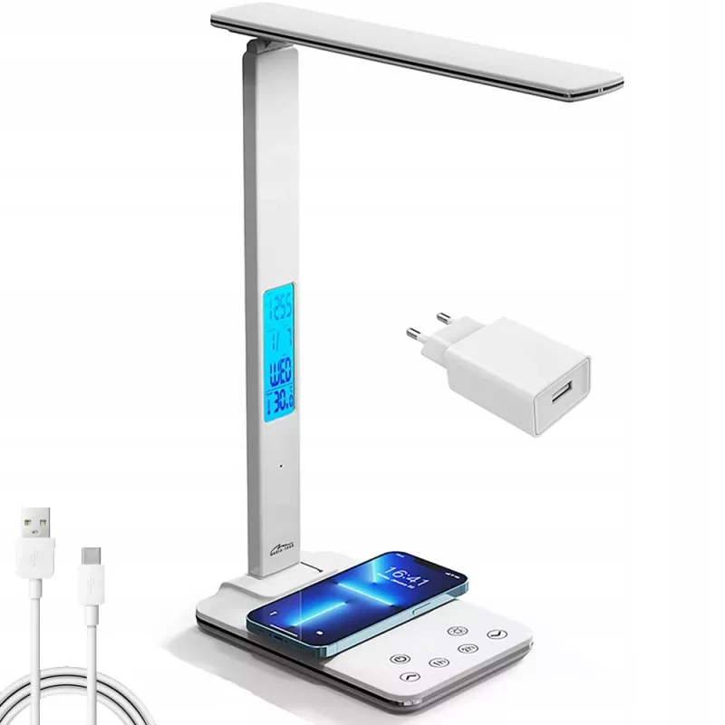 Media-Tech MT222 Leditou LED galda lampa ar 15 W Qi bezvadu uzlādi, pulksteni, modinātāju, termometru, baltā krāsā