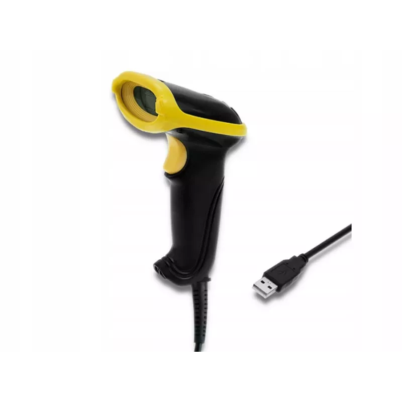 Rokas svītrkodu lasītājs QOLTEC 50867 — 1D/2D lāzera skeneris, USB vads, 600 mm diapazons, dzeltens/melns