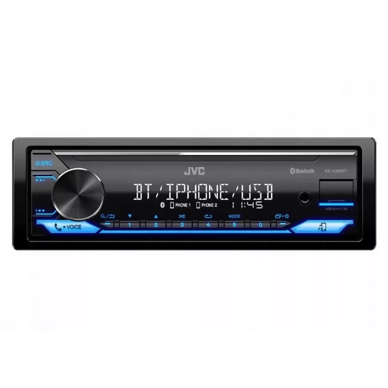 Auto radio JVC KDX-382BT ar Bluetooth un USB — viena DIN, AUX ieeja, FM uztvērējs