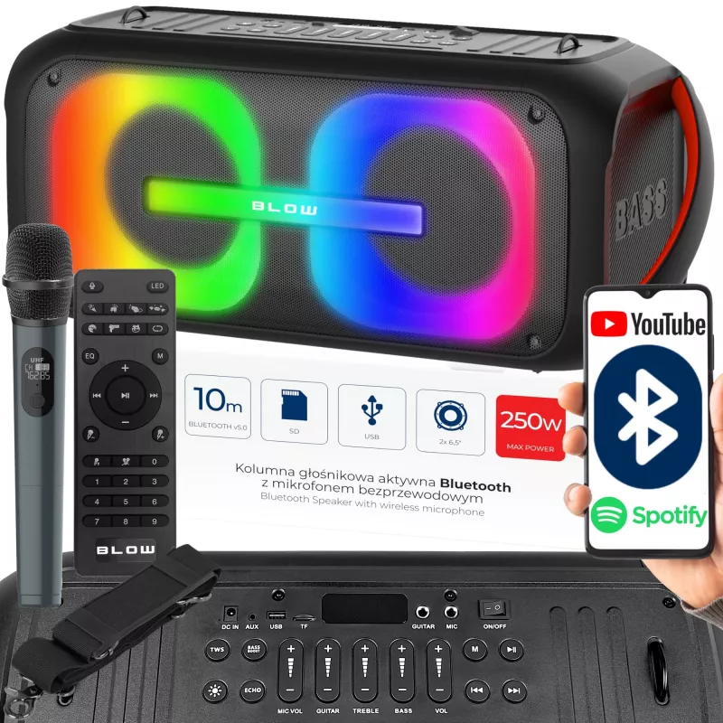 BLOW DJBOX 30-392# Bluetooth skaļrunis 250 W ar tālvadības pulti un mikrofonu, USB, microSD, AUX, TWS, iebūvēts akumulators, melns