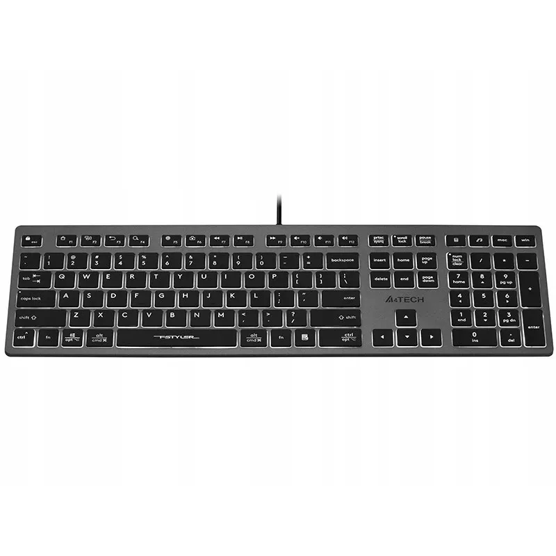 Vadu A4Tech FX60H USB QWERTY tastatūra — pilna izmēra 100%, balts fona apgaismojums, pelēka, USB centrmezgls