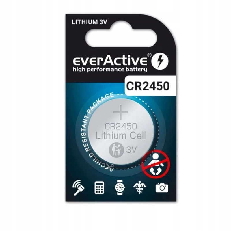 Litija monētu/plakanā baterija everActive CR2450, 3 V, 5 mm augstums — iepakojumā 5 gab.