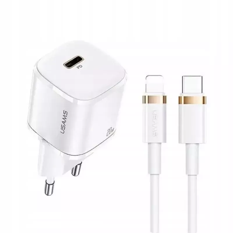 USAMS T36 mini USB-C tīkla lādētājs, 20 W, PD 3.0, ar 1 m USB-C – Lightning kabeli