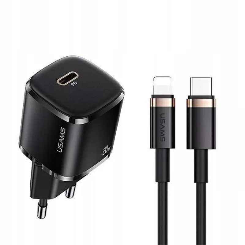 usams Phone Charger 1x USB-C T36 + Lightning PD — kompakts PD lādētājs ar USB-C un Lightning