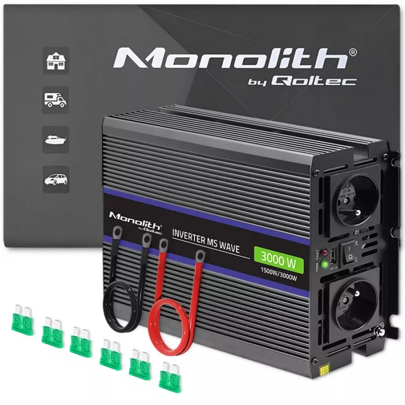 QOLTEC Monolith 3000 MS Wave tīkla invertors, 12V→230V, 1500/3000W, ar USB