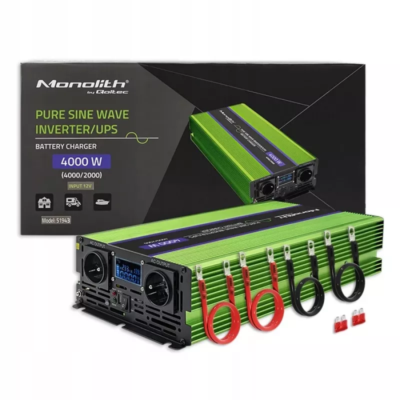 Qoltec Monolith sprieguma pārveidotājs | Akumulatora lādētājs | UPS | 2000W | 4000W | 12V uz 230V | Tīrs sinusoidāls | LCD melns-zaļš