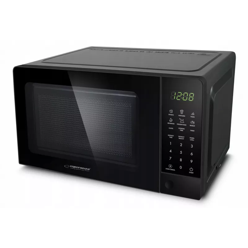 Solo mikroviļņu krāsns ESPERANZA EKO009 — 700 W, 20 L, LED displejs, skārienvadība, 24,5 cm stikla pagrieziena galds, melna