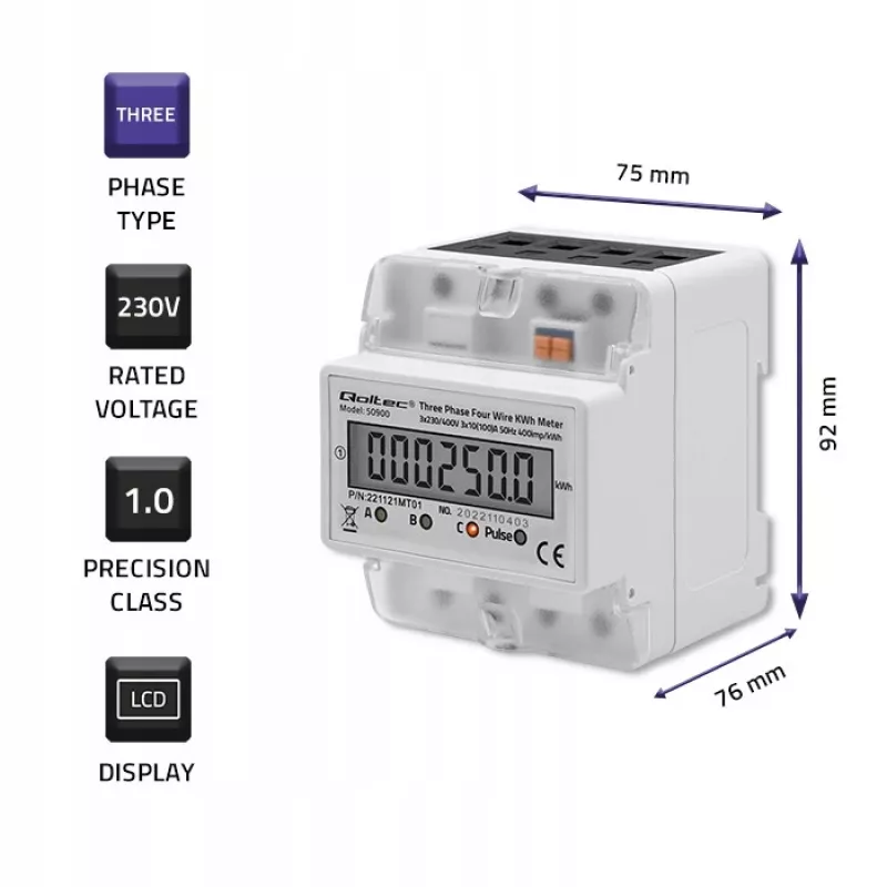 Trīsfāzu elektroniskais enerģijas skaitītājs QOLTEC 50900 400V LCD 4P