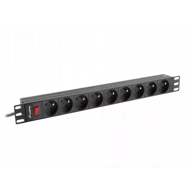 Strāvas sadales bloks LANBERG PDU-09E-0300-BK — 9x E tipa kontaktligzdas, 16 A, 220–250 V, 3 m kabelis, 1U, 19 collas