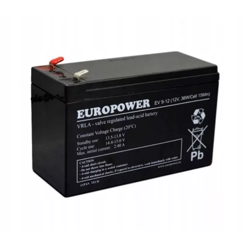 Svina-skābes noslēgtais akumulators europower EV 12-9 — 12 V 9 Ah UPS un rezerves barošanai