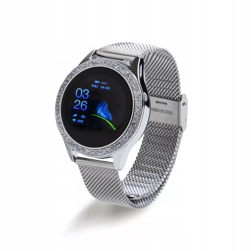 Viedpulkstenis ORO-MED ORO-SMART CRYSTAL SILVER — apaļš metāla korpuss, LCD 240×198, 1,04 collu displejs, Bluetooth 4.0, ūdensizturīgs, 120 mAh akumulators