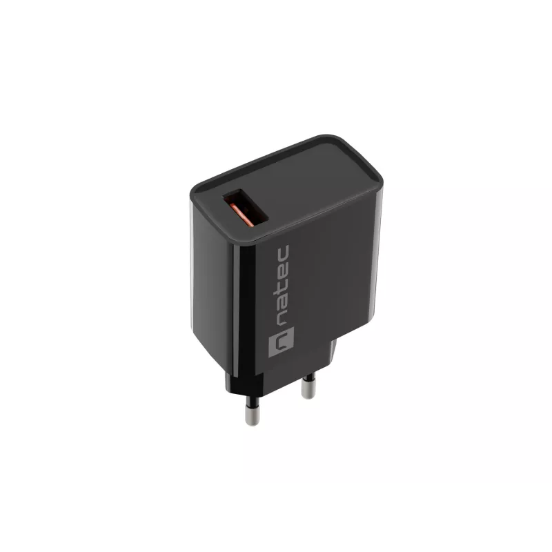 Natec Ribera NUC-2058 tīkla lādētājs, 18 W, 1x USB-A, līdz 3 A, Quick Charge 3.0, Samsung AFC, Huawei FCP/SCP, melns