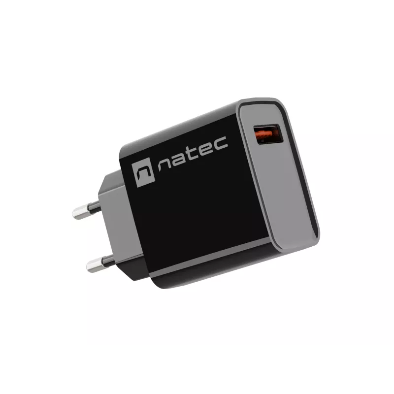 Natec Ribera NUC-2058 tīkla lādētājs, 18 W, 1x USB-A, līdz 3 A, Quick Charge 3.0, Samsung AFC, Huawei FCP/SCP, melns