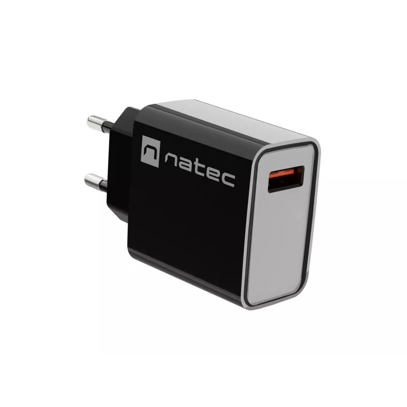 Natec Ribera NUC-2058 tīkla lādētājs, 18 W, 1x USB-A, līdz 3 A, Quick Charge 3.0, Samsung AFC, Huawei FCP/SCP, melns