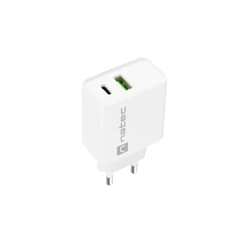 Sienas lādētājs NATEC RIBERA 12V 20W USB-C PD 3.0 + USB-A Samsung AFC Balts