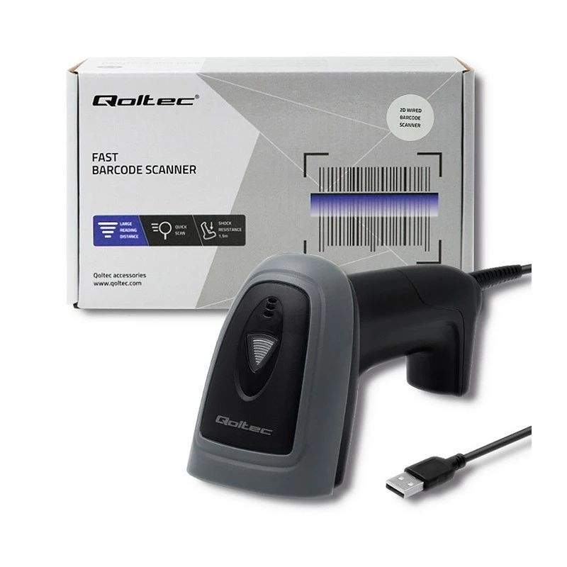 Rokas svītrkodu lasītājs QOLTEC 50863 — 1D/2D skeneris, USB vads, LED sensors, melns, 5V, 1.8 m kabelis