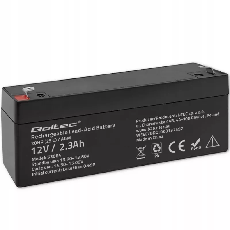 Noslēgts AGM akumulators QOLTEC 12V 2.3Ah UPS un rezerves sistēmām, maksimālā izlāde 34.5A